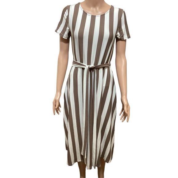 Levaca Short Sleeve Taupe / White Striped Swing Midi Dress S - Picture 1 of 7